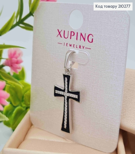 Крестик родованный с Черной эмалью украшен Блестящими камешками, 2,5*1,5см, Xuping 210277 фото 2