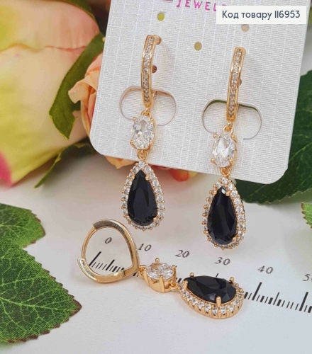 Серьги "Капля Океана" с подвеской Черным камешком, 3,5см, англ. зам. Xuping 18K 116953 фото 2