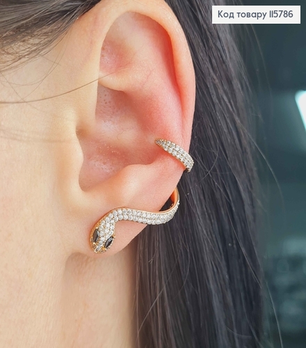 Сережки гвоздики, "Змійка" в камінцях, із кріпленням для хрящика, 3см, Xuping 18K 115786 фото 2