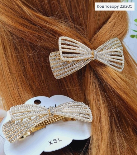 Заколка автомат металлическая "Бантик" с блестящими камешками и жемчужками, 9*3,5см, Золотого цвета. 221205 фото 2