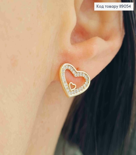 Серьги гвоздики "СЕРДЦЕ" с Блестящими камешками, 1*1,3см, Xuping 18К 119054 фото 2