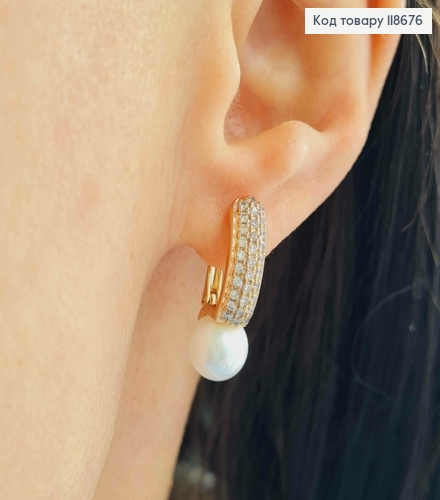 Серьги с жемчужиной украшены блестящими камнями, 2,2см, английская застежка, Xuping 18К. 118676 фото 2