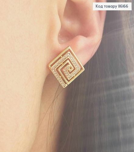 Серьги гвоздики, Квадратики с Туннелем из камешков, 1,4см, Xuping 18K 116166 фото 2