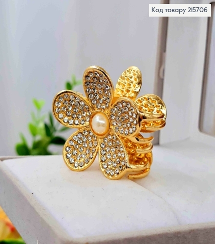 Краб металл "Цветик" украшен блестящими камнями и жемчужиной, 4см, Золотого цвета. 215706 фото 2