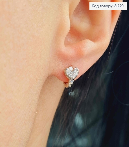 Серьги кольца родованные, 1см, с объемным сердечком в камнях, Xuping 181229 фото 2