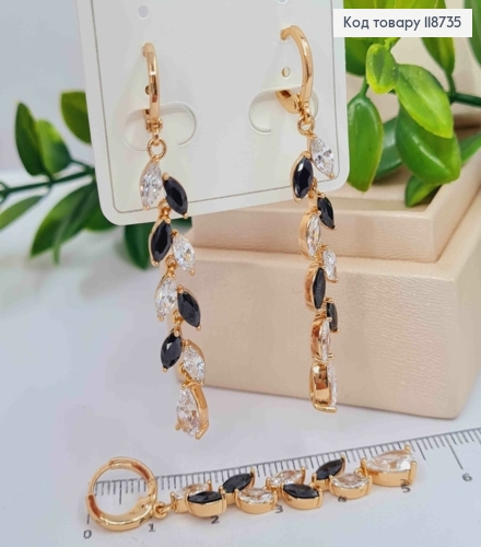 Серьги кольца (1,2см) с подвеской Веточка в Блестяще-Черных камнях (4,1см), Xuping 18K 118735 фото 3