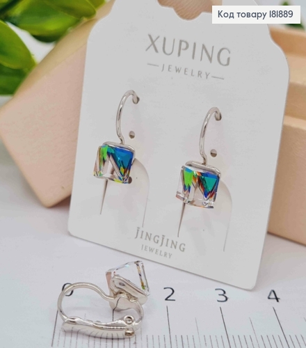 Серьги родованные с Квадратным Зеленым камнем Сваровски Хамелеон, 1,5см, застежка левербек, Xuping 181889 фото 2