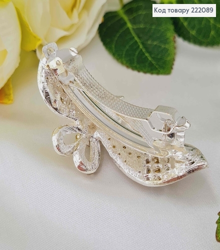 Заколка автомат метал 6*3см Бантик в камінцях срібного кольору 222089 фото 2