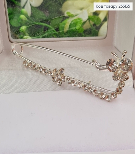 Брошка шпилька "Бабочка" в крупних камушках 7*2 см, серебряный цвет. 235135 фото 3
