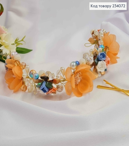 Веточка в волосах, ручной работы, с цветами светло-мандаринового цвета. 234072 фото 2