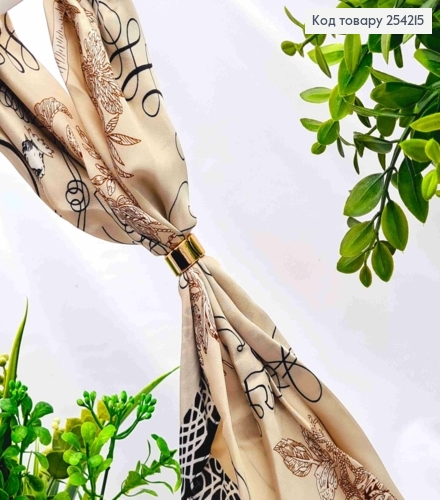 Хустка з колечком, Кремового кольору з малюнком "Квітка", 70*70см, 100% поліестр (шовк) 254215 фото 2