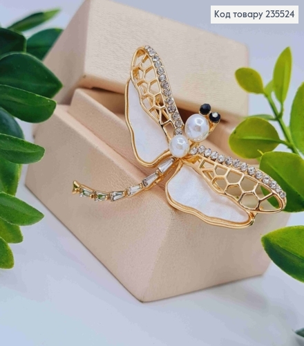 Брошь металл "СТРЕКОЗА" украшена Блестящими камешками и Перламутровой, 5,5*4см, Золотого цвета 235524 фото 2