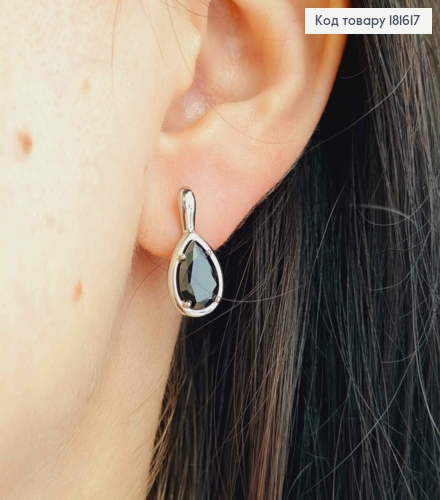 Серьги родованные "Капелька Надежды" с Черным камешком, 1,7см, английская застежка, Xuping 181617 фото 3