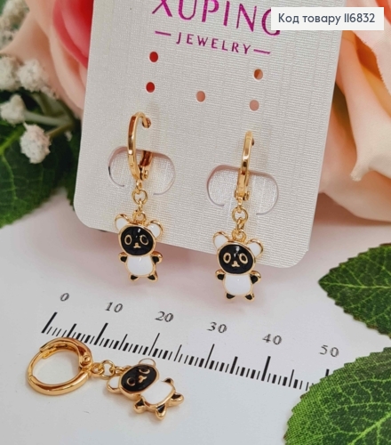 Серьги кольца 1см, с подвеской Черно-Белой пандой, 1,5см, Xuping 18К 116832 фото 3