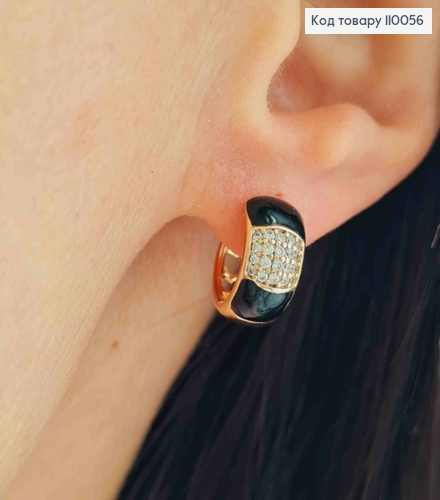 Серьги кольца украшены Блестящими камешками и Черной эмалью, диаметр 1,3см, Xuping 18K 110056 фото 2
