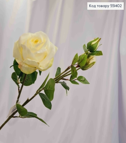 Искусственная ветвь Розы, БЕЛОГО цвета, 2 цветочка и 1 бутоны, высотой 66см 551402 фото 2