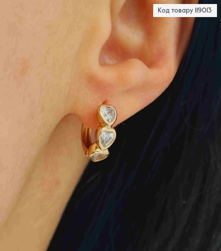 Сережки-кільця (1,2см) "Три серця" з камінцями (0,5см) ,Xuping 18K 119013 фото 2