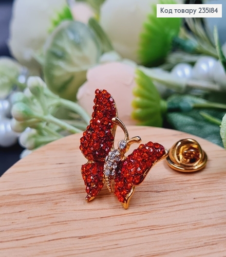 Брошка метал Бабочка золото  с красными камушками 3х2см 235184 фото 2