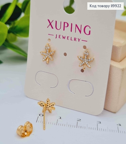 Сережки гвіздки "Листочок Коноплі" з Блискучими камінцями, розміром 0,9см, Xuping 18К 119922 фото 2
