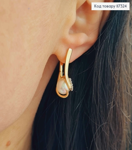 Серьги с жемчужиной окутанной завитками с камешками, дл. 2,5см, англ застежка, Xuping 18К 117324 фото 2