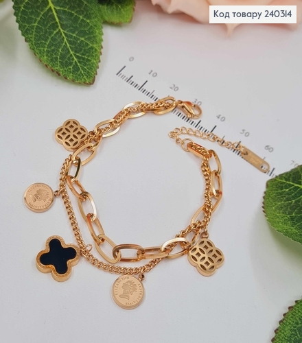 Браслет двойной, золотого цвета, черный. эмалью и королевой 17,5+4см сталь StainlessSteel 240314 фото 2