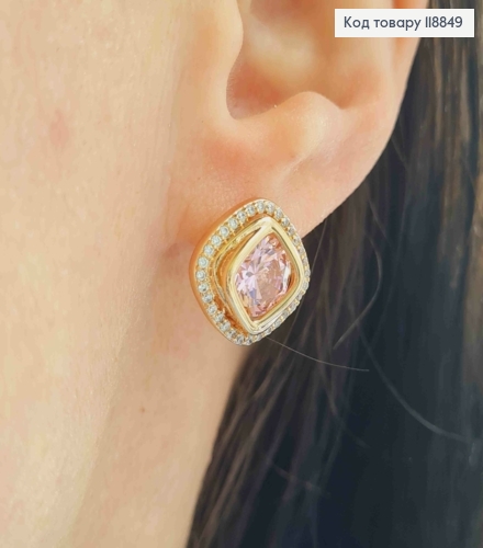Серьги "Глаза Сфинкса" с Розовым камнем в оправе из камешков, 1,4см, англ. застежка, Xuping 18К 118849 фото 2