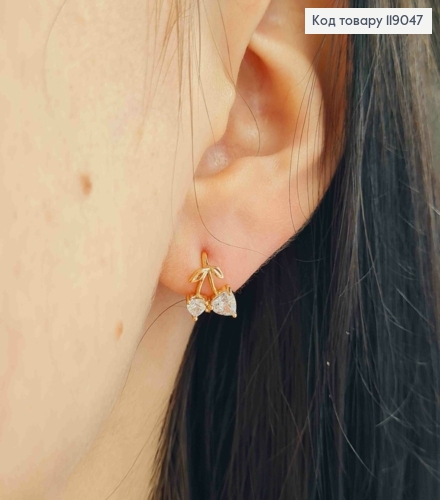 Серьги кольца, "Вишневое Сердце" с Блестящими камешками, 1см, Xuping 18K 119047 фото 3