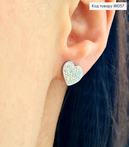 Серьги родованные гвоздики, Сердечки в камнях-хамелеонах, 1см, Xuping 181057 фото 2