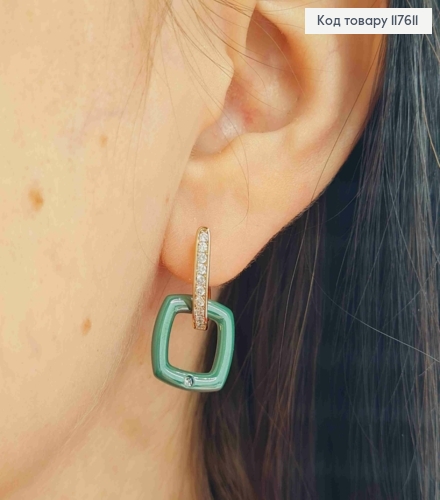 Серьги с камнями и подвижной квадратной подвеской Зеленого цвета, 2,4см, англ. зам., Xuping 18К 117611 фото 3