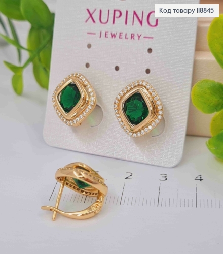 Сережки "Очі Сфінкса" з Зеленим каменем в оправі з камінців, 1,4см, англ. застібка, Xuping 18К 118845 фото 2