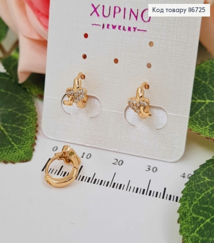 Сережки кільця 1см, "Два сердечка" з камінцями, Xuping 18К 116725 фото 2