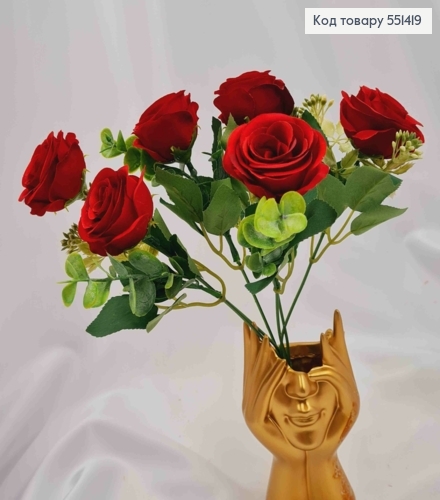 Искусственная композиция Розы, КРАСНОГО цвета, 6 веточек, 6 цветов, высота 30см 551419 фото 2