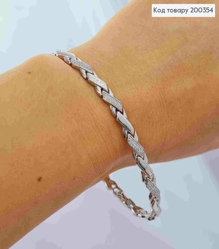 Браслет родований плетіння пластинками"Х" з Блискучими камінцями, довжина 17+2см, Xuping 200354 фото 2