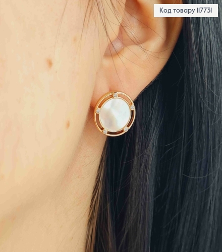 Серьги гвоздики с перламутровой эмалью и камешками, 1,9см, Xuping 18K 117731 фото 3