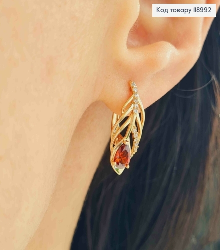 Серьги "Перо Павлина" с Красным камнем, 2см, англ. застежка, Xuping 18К 118992 фото 2