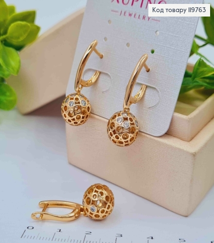 Серьги с подвесным Ажурным шариком в камешках, 1,8+1,1см, английская застежка, Xuping 18К 119763 фото 2
