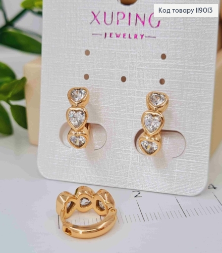 Сережки-кільця (1,2см) "Три серця" з камінцями (0,5см) ,Xuping 18K 119013 фото 3