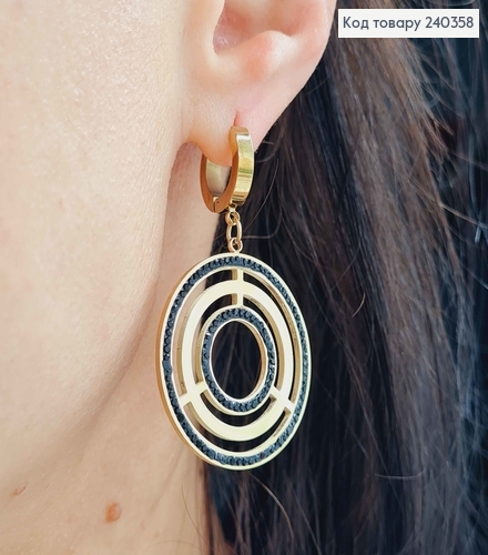 Сережки кільця, Пластинка Лабіринти, лимонний колір з чорною емаллю, сталь Stainless Steel 260014 фото 2