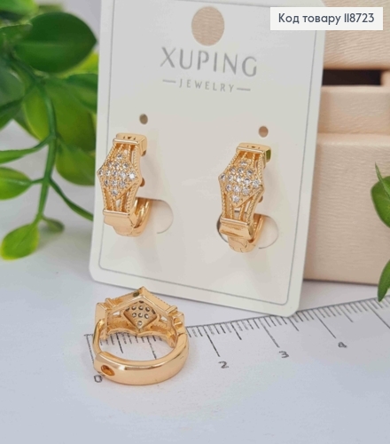 Серьги кольца с ажурной вставкой в камнях, ширина 7мм, диаметр 1,6см, XUPING 18K 118723 фото 2