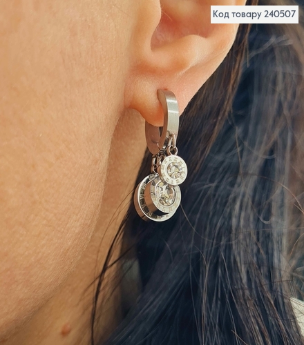 Сережки кільця, срібного кольору, З підвісками Римським годинником, сталь Stainless Steel 260025 фото 2