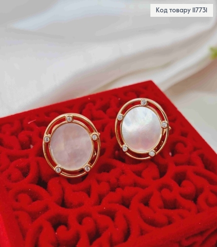 Серьги гвоздики с перламутровой эмалью и камешками, 1,9см, Xuping 18K 117731 фото 2