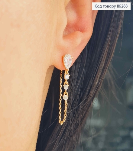 Серьги гвоздики, с изящной струйкой из камней, с цепочкой, Xuping 18К 116288 фото 2