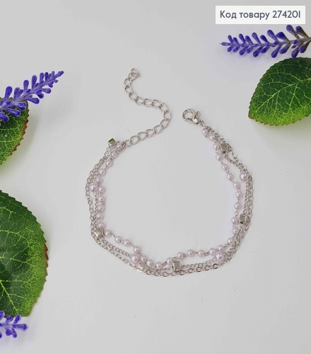 Браслет на ногу серебряного цвета тройной с жемчужками и звездочками 20+5см, Fashion ANKLET 274109 фото 3