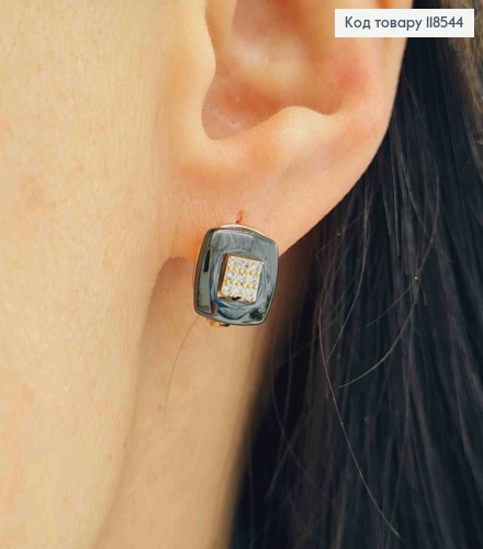 Серьги "Квадратные" украшены Черной эмалью и Блестящими камешками, 1см, англ. застежка,Xuping 18К 118544 фото 2