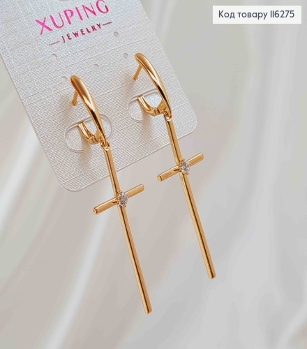 Серьги с подвесками Крестиками с круглым камешком, 4*1,5см, англ. застежка, Xuping 18К 116275 фото 2