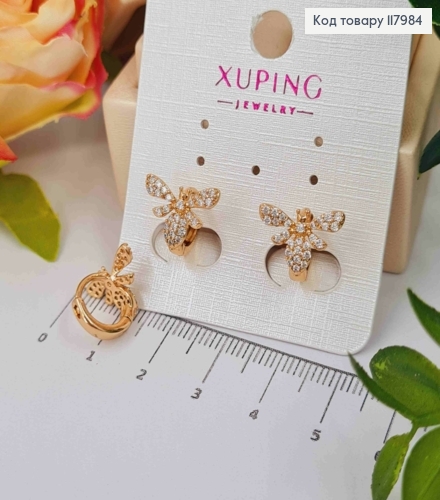 Серьги кольца (1см) "Пчелка" украшена Блестящими камешками, 1см, Xuping 18K 117984 фото 2