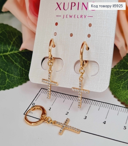 Серьги кольца 1 см, с подвеской Крестиками в камешках, 1,5 см, Xuping 18K 115925 фото 2