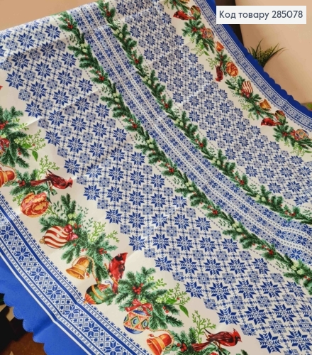 Скатерть Сине-БЕЛАЯ "Новогодний мотив. Синички на веточке", размер 150*220 285078 фото 2