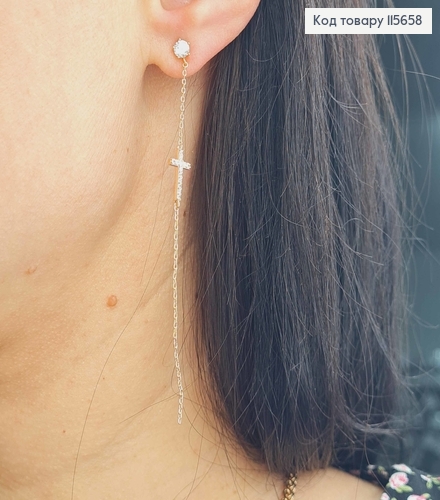 Серьги гвоздики, х подвесками крестиками в камешках, 8,5см, Xuping 18K 115658 фото 2