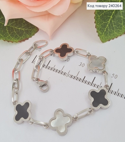 Браслет 20 см Van Cleef с чёрной и белой эмалью, цвет серебряный, Stainless Steel 240264 фото 2